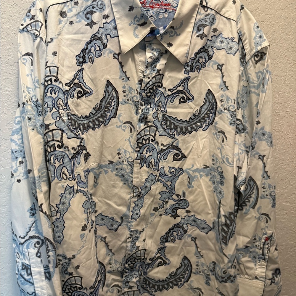 Robert Graham Cream and Blue Paisley Shirt Size 3XL